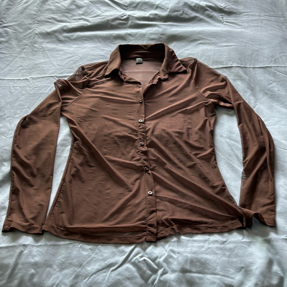 Coffee Brown Mesh Button Down Shirt - BUNDLE AND MAKE OFFER